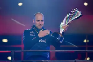 Nov 21, 2025; Las Vegas, NV, USA; Red Bull Racing engineer Gianpiero Lambiase celebrates the team victory of the Las Vegas Grand Prix at Las Vegas Strip Circuit.