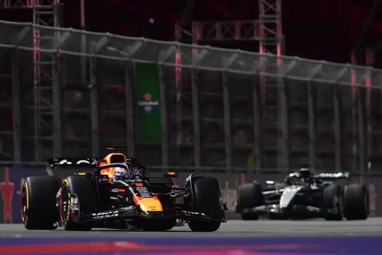 Brundle; Nov 21, 2025; Las Vegas, NV, USA; Red Bull Racing driver Max Verstappen (1) leads Mercedes driver George Russell (63) during the Las Vegas Grand Prix at Las Vegas Strip Circuit.