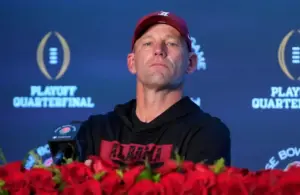 Alabama Crimson Tide head coach Kalen DeBoer speaks in a press conference.