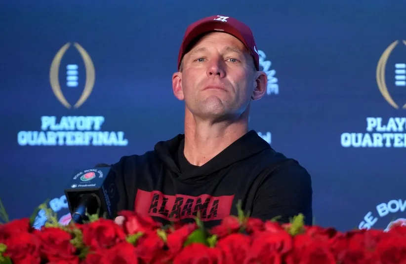 Alabama Crimson Tide head coach Kalen DeBoer speaks in a press conference.