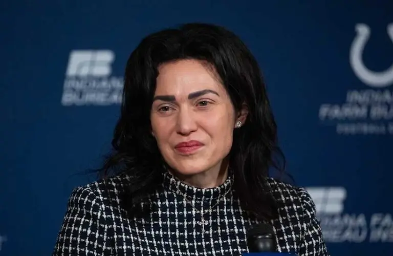 Colts owner Carlie Irsay-Gordon talking to reporters.