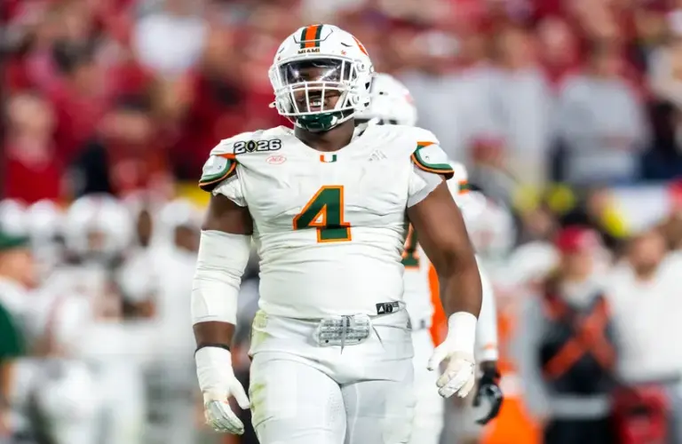 Miami Hurricanes defensive lineman Rueben Bain Jr. (4) against the Indiana Hoosiers during the College Football Playoff National Championship game at Hard Rock Stadium.
