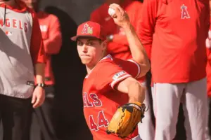Feb 11, 2026; Tempe, AZ, USA; Los Angeles Angels pitcher Ben Joyce during pitchers and catchers workouts at Tempe Diablo Stadium in Tempe Arizona.