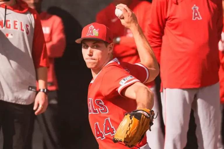 Feb 11, 2026; Tempe, AZ, USA; Los Angeles Angels pitcher Ben Joyce during pitchers and catchers workouts at Tempe Diablo Stadium in Tempe Arizona.