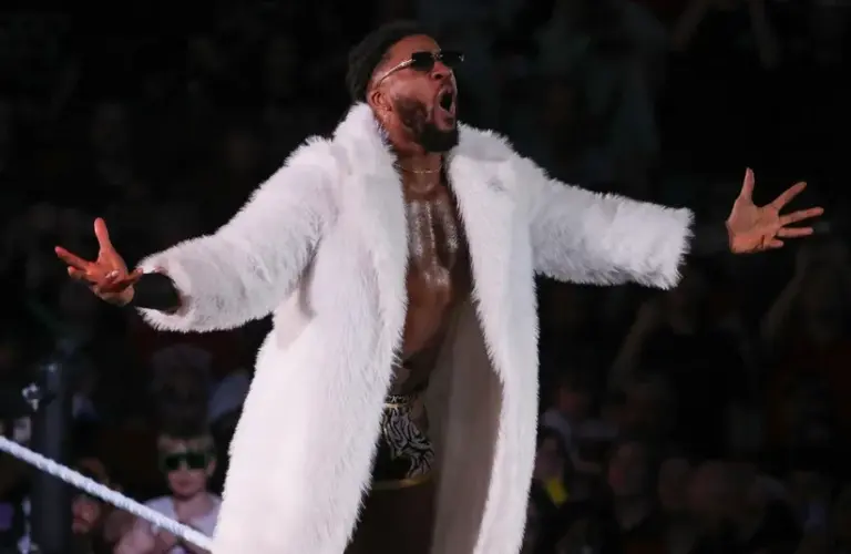 Trick Williams poses on the turnbuckle before a match during the WWE Road to WrestleMania show.
