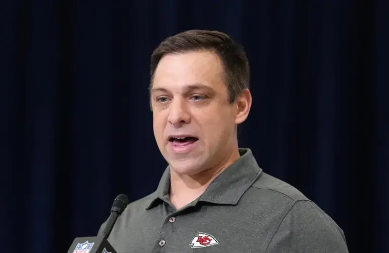 Chiefs general manager Brett Veach speaks at the NFL Scouting Combine at the Indiana Convention Center.