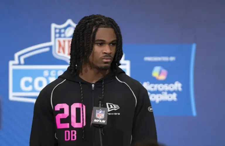 Tennessee defensive back Jermod McCoy (DB20) speaks to media members during the NFL Combine.