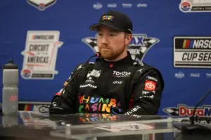 Feb 28, 2026; Austin, Texas, USA; NASCAR Cup Series driver Tyler Reddick (45) after winning the pole for the DuraMAX Texas Grand Prix Powered by RelaDyne at Circuit of the Americas.
