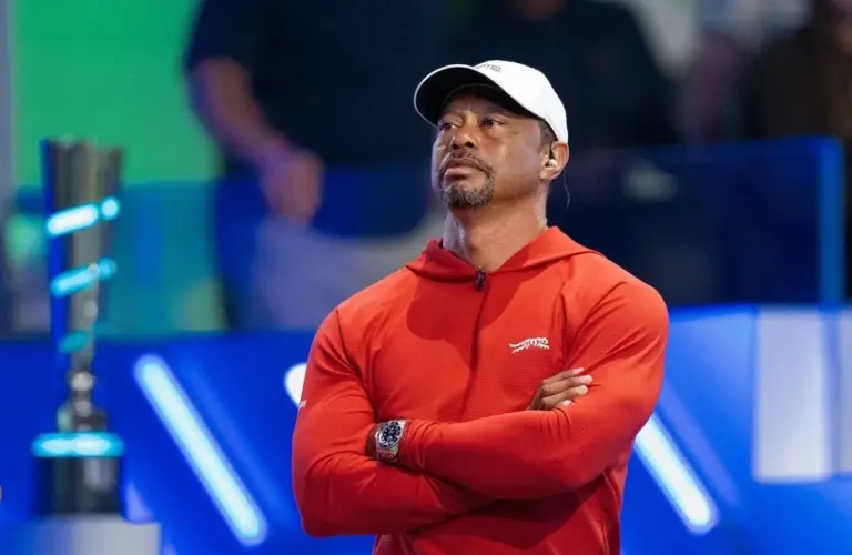 Tiger Woods looks towards the video camera