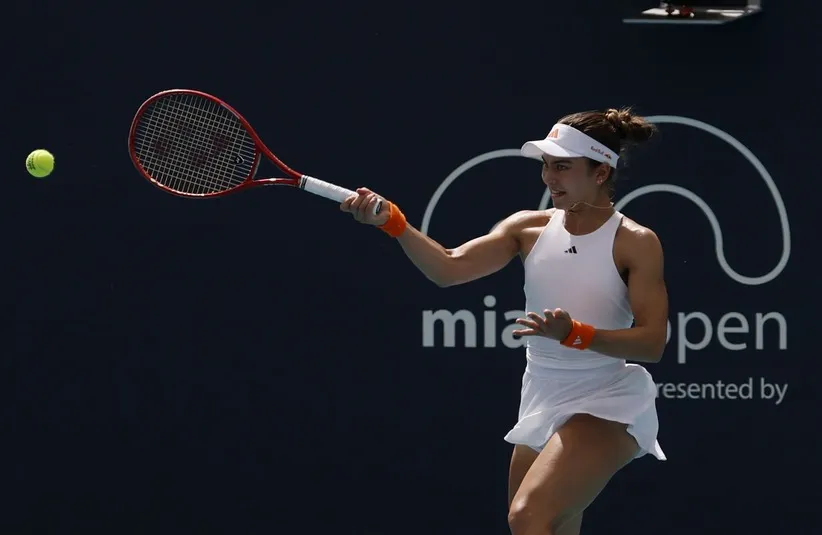 Iva Jovic (USA) hits a forehand.