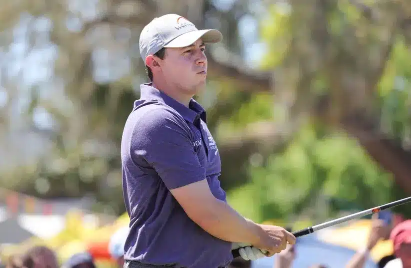 Matthew Fitzpatrick plays his shot from the first tee.