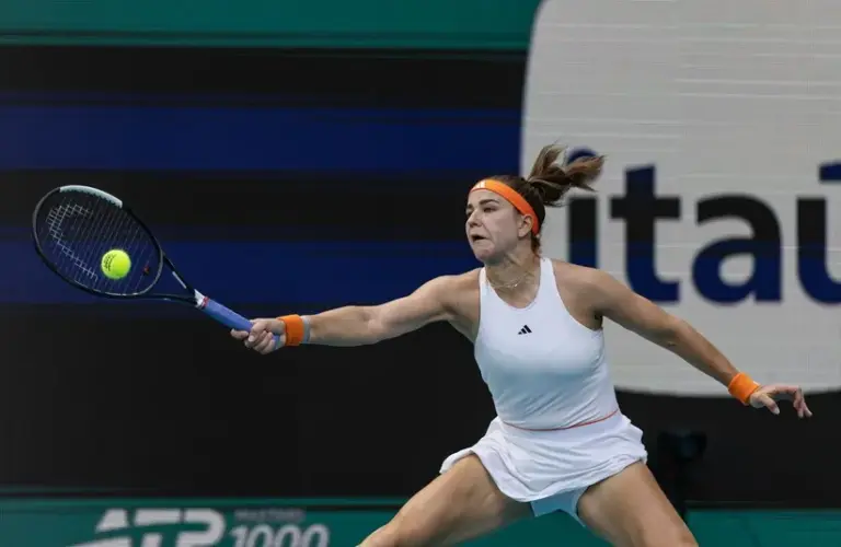 Karolina Muchova of the Czech Republic hits a shot.
