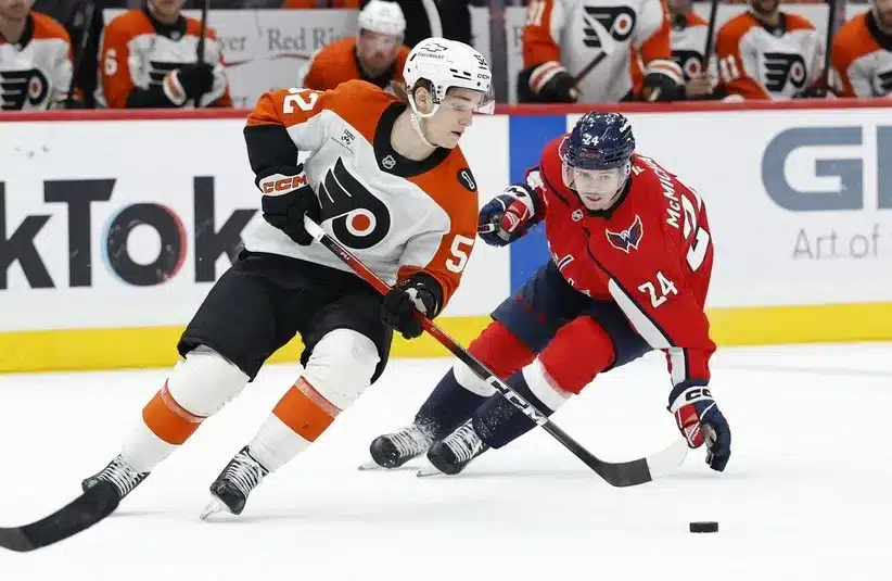 Philadelphia Flyers center Denver Barkey (52) skates with the puck.