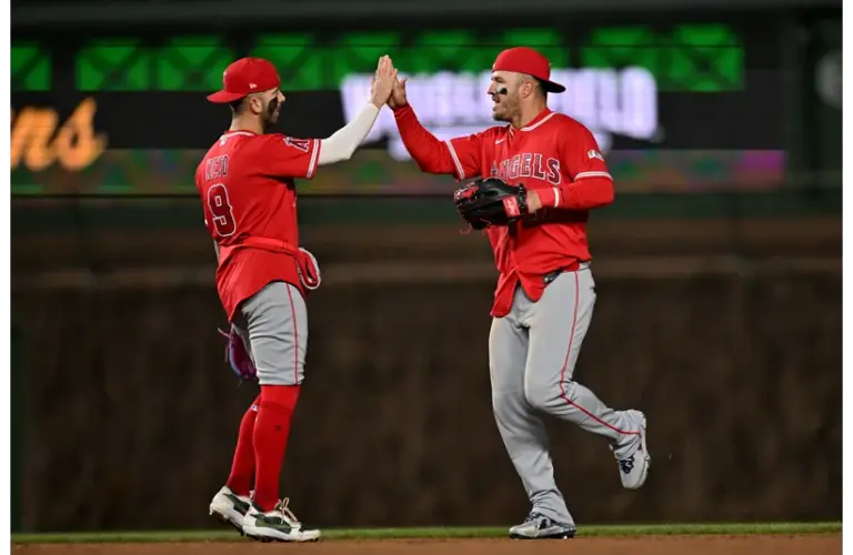 Los Angeles Angels center fielder Mike Trout celebrates his team’s victory over the Chicago Cubs