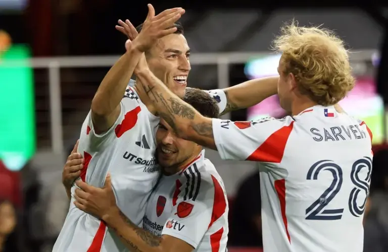 FC Dallas forward Petar Musa (9) celebrates after scoring a goal.
