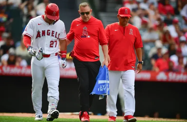 Los Angeles Angels center fielder Mike Trout (27) walks.