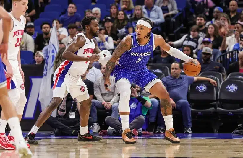 Orlando Magic forward Paolo Banchero (5) handles the ball.