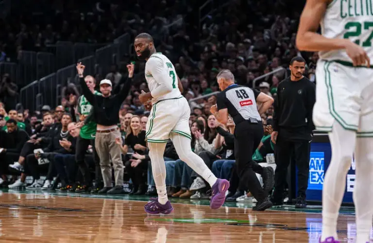Boston Celtics guard Jaylen Brown (7) reacts after his three point basket.