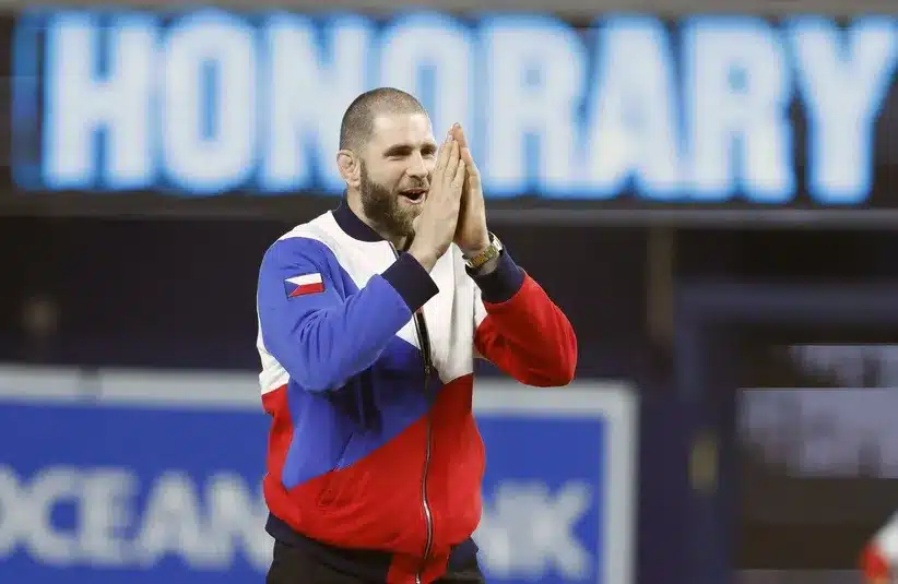 Jiri Prochazka prepares to throw a ceremonial pitch.