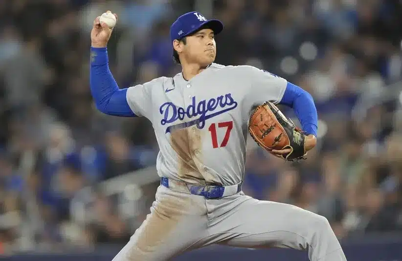 Los Angeles Dodgers starting pitcher Shohei Ohtani (17) pitches.