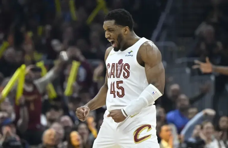 Cleveland Cavaliers guard Donovan Mitchell (45) celebrates.