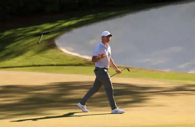 Rory McIlroy reacts to his putt on the thirteenth green.