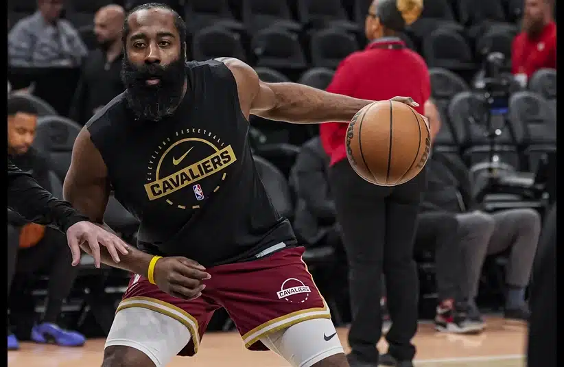 Cleveland Cavaliers guard James Harden (1) shown on the court warming up before the game against the Atlanta Hawks at State Farm Arena.