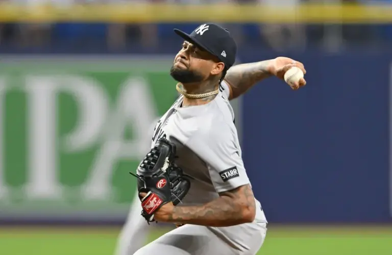 New York Yankees pitcher Luis Gil (81) throws a pitch.