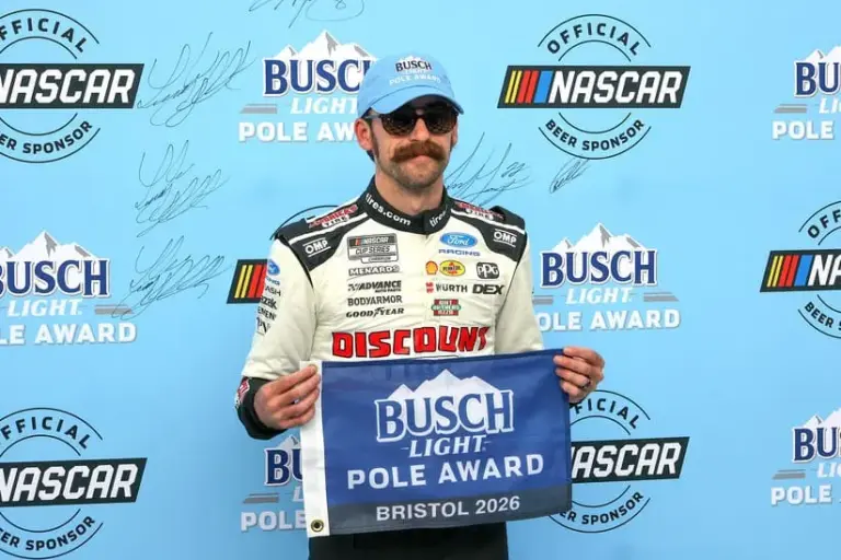 Apr 11, 2026; Bristol, Tennessee, USA; Team Penske driver Ryan Blaney (12) wins the pole position at Bristol Motor Speedway.