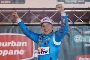 Apr 11, 2026; Bristol, Tennessee, USA; JR Motorsports driver Connor Zilisch (1) celebrates in victory lane after winning at Bristol Motor Speedway.