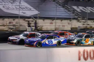 NASCAR; Apr 11, 2026; Bristol, Tennessee, USA; JR Motorsports driver Connor Zilisch (1) and JR Motorsports driver Kyle Larson (88) lead a restart at Bristol Motor Speedway.