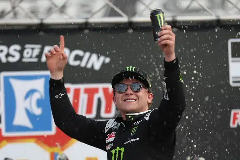 Apr 12, 2026; Bristol, Tennessee, USA; Joe Gibbs Racing driver Ty Gibbs (54) celebrates the win in victory lane at Bristol Motor Speedway.