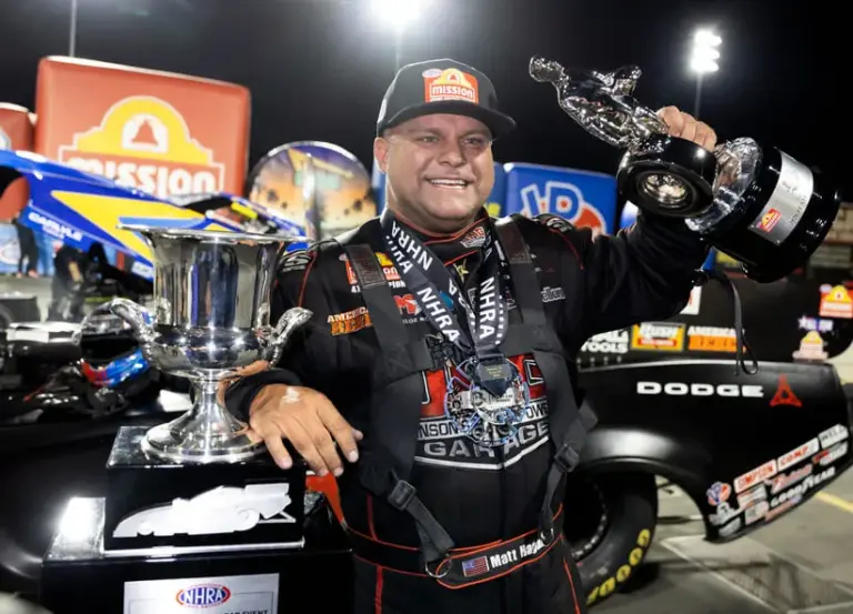 Apr 12, 2026; Pomona, CA, USA; NHRA top fuel driver funny car driver Matt Hagan celebrates after winning the Winternationals at In-N-Out Burger Pomona Dragstrip.