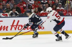 Columbus Blue Jackets defenseman Denton Mateychuk (5) skates.