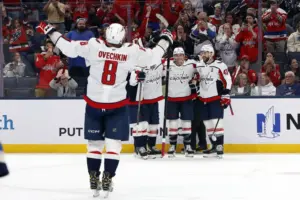 Apr 14, 2026; Columbus, Ohio, USA; Washington Capitals defenseman Jakob Chychrun (6) celebrates his goal against the Columbus Blue Jackets during the third period at Nationwide Arena.
