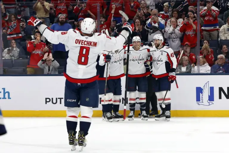 Apr 14, 2026; Columbus, Ohio, USA; Washington Capitals defenseman Jakob Chychrun (6) celebrates his goal against the Columbus Blue Jackets during the third period at Nationwide Arena.