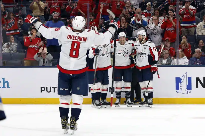 Apr 14, 2026; Columbus, Ohio, USA; Washington Capitals defenseman Jakob Chychrun (6) celebrates his goal against the Columbus Blue Jackets during the third period at Nationwide Arena.