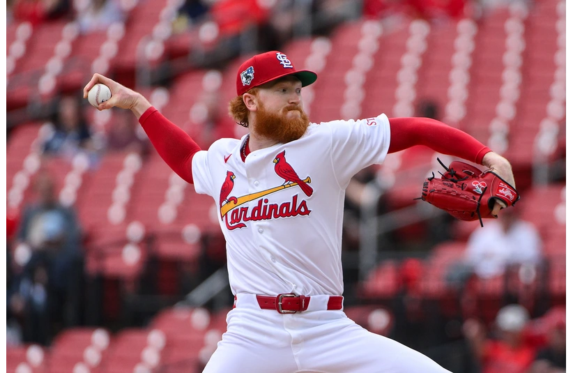 Apr 15, 2026; St. Louis, Missouri, USA; St. Louis Cardinals starting pitcher Dustin May (3) pitches against the Cleveland Guardians during the first inning at Busch Stadium. Players and coaches are wearing number 42 in recognition of Jackie Robinson Day. Mandatory Credit: Jeff Curry-Imagn Images