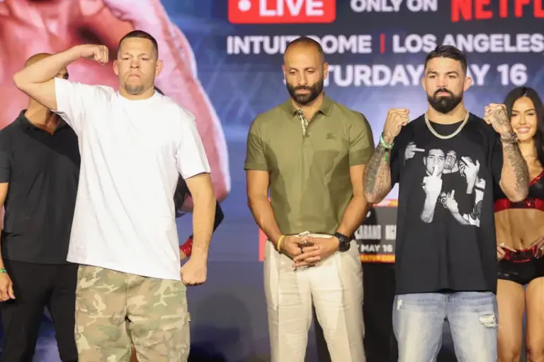 Apr 15, 2026; New York, NY, USA; Nate Diaz and Mike Perry pose after the press conference for the Most Valuable Promotions MMA card at Palladium Theater.