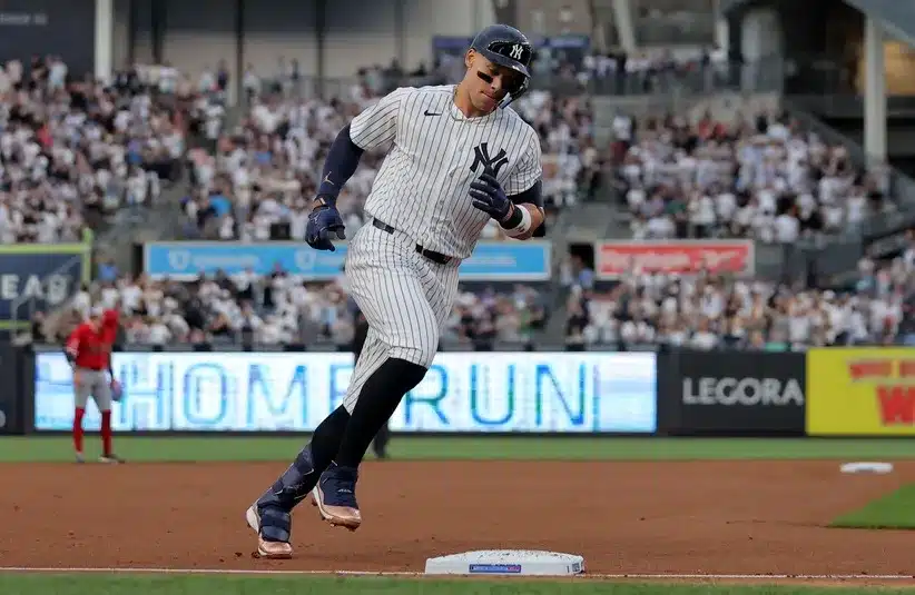 New York Yankees right fielder Aaron Judge rounds the bases.