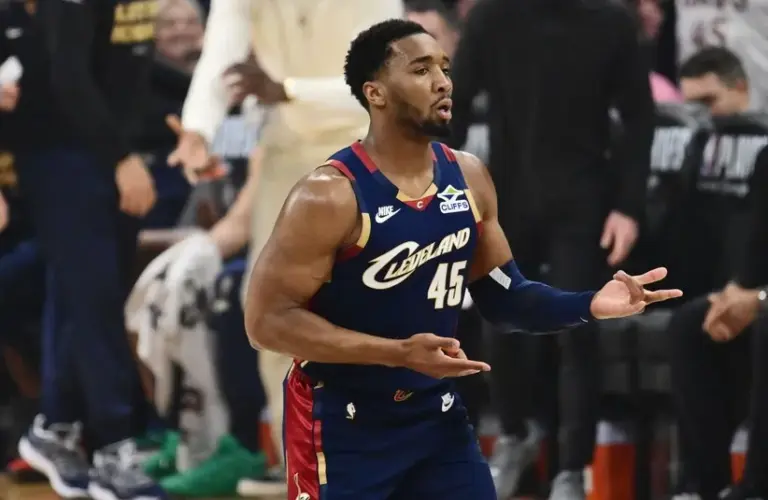 Cleveland Cavaliers guard Donovan Mitchell (45) celebrates.