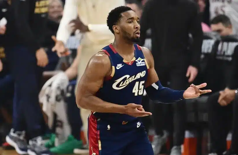 Cleveland Cavaliers guard Donovan Mitchell (45) celebrates.