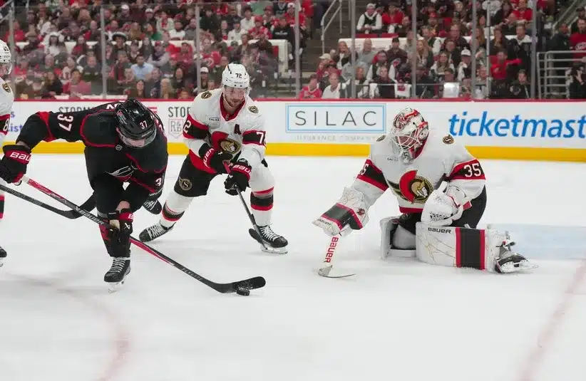 Carolina Hurricanes right wing Andrei Svechnikov (37) tries to control the puck.