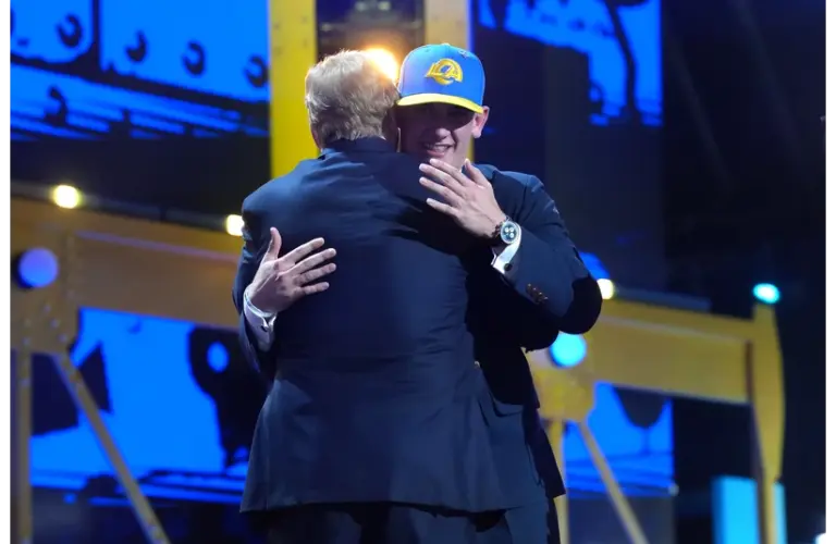 Rams pick Ty Simpson hugging NFL Commissioner Roger Goodell