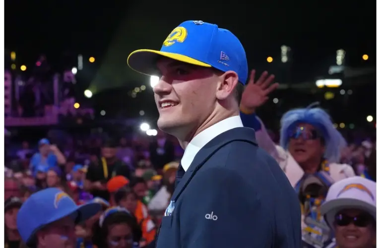 Apr 23, 2026; Pittsburgh, PA, USA; Alabama Crimson Tide quarterback Ty Simpson is selected by the Los Angeles Rams as the number 13 pick during the 2026 NFL Draft at Acrisure Stadium. Mandatory Credit: Kirby Lee-Imagn Images