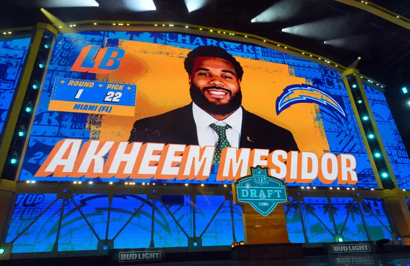 Defensive lineman Akheem Mesidor is selected by the Los Angeles Chargers with the No. 22 pick in the 2026 NFL Draft