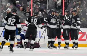 Los Angeles Kings celebrate after a goal during the third period.