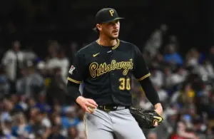 Pittsburgh Pirates starting pitcher Paul Skenes (30) reacts after giving up a hit.