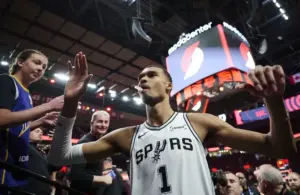 San Antonio Spurs forward Victor Wembanyama (1) walks off the court after a game against the Portland Trail Blazers.