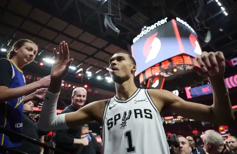 San Antonio Spurs forward Victor Wembanyama (1) walks off the court after a game against the Portland Trail Blazers.